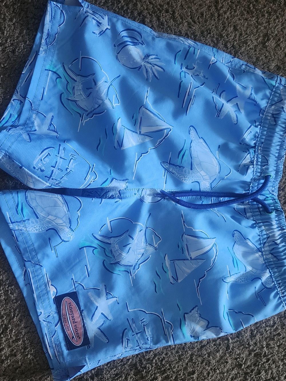 Vineyard Vines Light Blue Boys Swim Trunks with Nautical Print